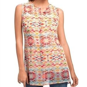 CAbi Avery 760 Geometric Sleeveless Multicolor Long Tank Top Sheer Button Up - L